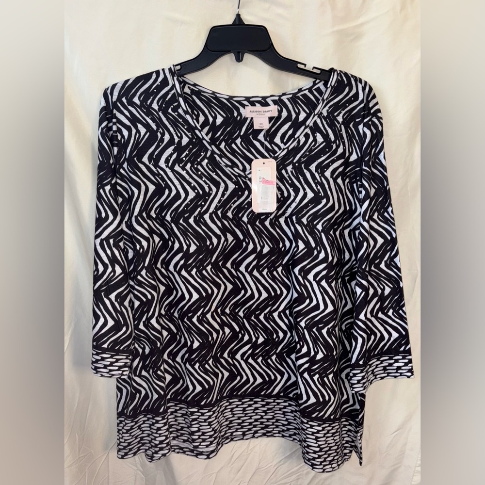 NWT Allison Daley Embellished Border Print 3/4 Sleeve V Neck Knit Top Size 3X